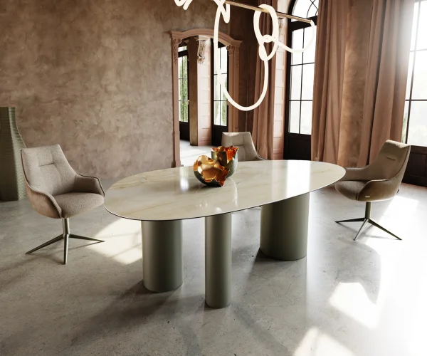 Table à manger Edge ovalee 220x120 céramique Iris FMG Onice Oro Troa métal effet finition titanee