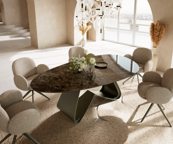 Table à manger Edge ovalee 220x120 céramique Laminam® Emperador Extra Lucidato marron foncé cadre en W métal effet finition titanee