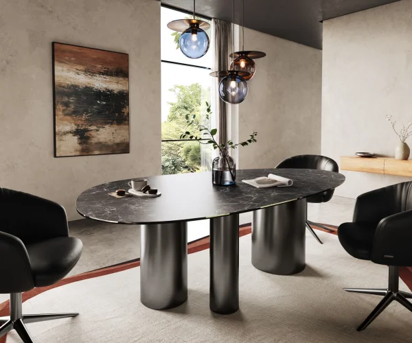 Table à manger Edge ovalee 220x120 céramique Laminam® Nero Greco anthracite Troa acier inoxydable graphite