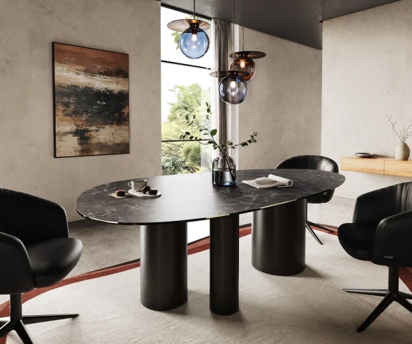 Table à manger Edge ovalee 220x120 céramique Laminam® Nero Greco anthracite Troa métal noir