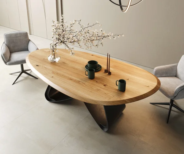 Table à manger Edge ovalee 220x120x2,5 chêne naturee cadre en W métal noir Flow-Edge