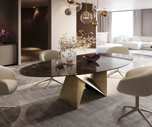 Table à manger Edge ovalee 280x130 céramique Laminam® Emperador Extra Lucidato marron foncé Origami métallique doré