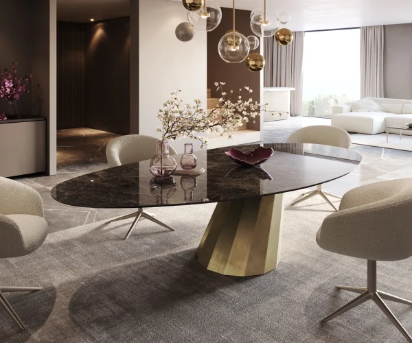 Table à manger Edge ovalee 280x130 céramique Laminam® Emperador Extra Lucidato marron foncé parabole métallique doré