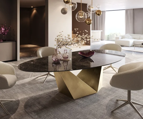 Table à manger Edge ovalee 280x130 céramique Laminam® Emperador Extra Lucidato marron foncé Prisma métallique doré