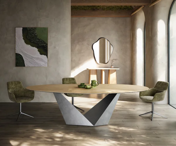 Table à manger Edge ovalee 280x130 céramique Laminam® Sabbia chêne coloré Prisma métallique argent