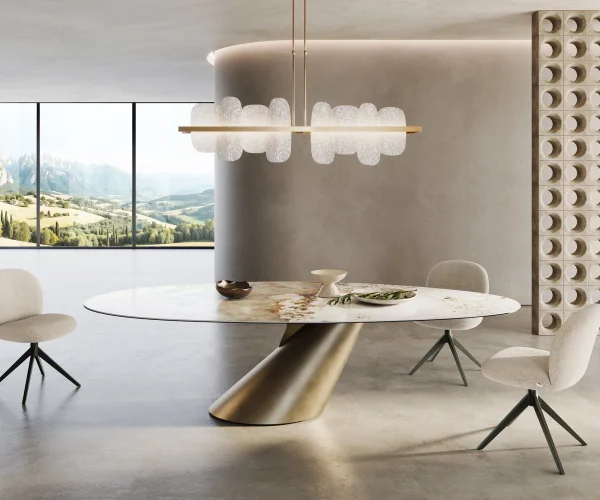 Table à manger Edge ovalee 280x130 céramique Minas mélange blanc-beige Cono métallique doré