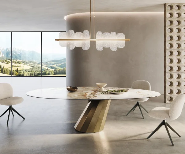Table à manger Edge ovalee 280x130 céramique Minas mélange blanc-beige parabole métallique doré