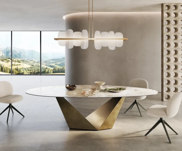 Table à manger Edge ovalee 280x130 céramique Minas mélange blanc-beige Prisma métallique doré