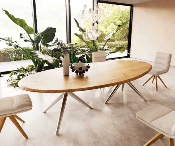 Table à manger Edge ovalee 280x130x2,5 chêne naturee Estelar rond acier inoxydable Flow-Edge
