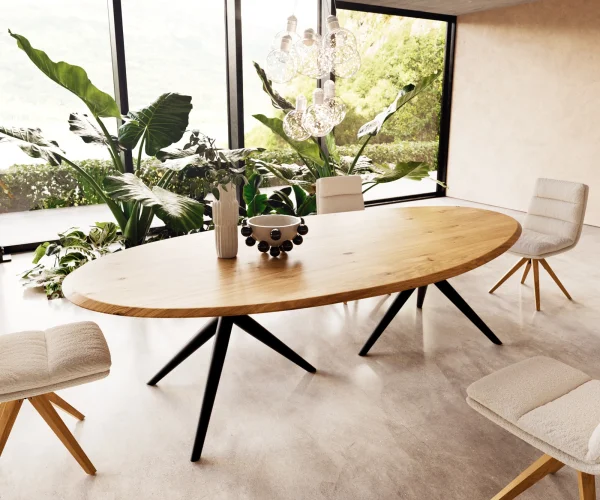 Table à manger Edge ovalee 280x130x2,5 chêne naturee Estelar rond métal noir Flow-Edge