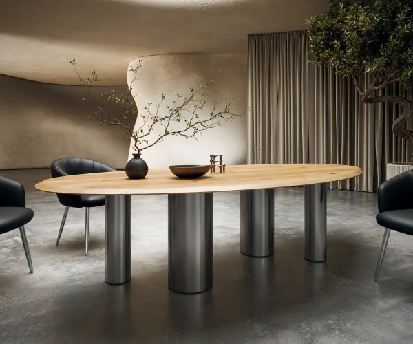 Table à manger Edge ovalee 280x130x2,5 chêne naturee Pilier acier inoxydable brossé Flow-Edge