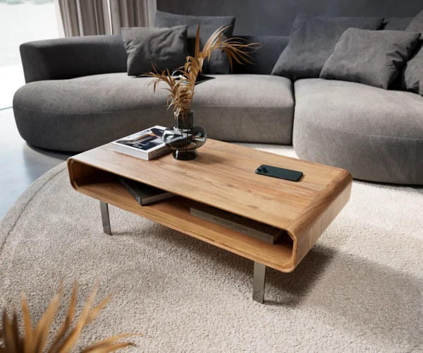 Table basse Anaya 100x50 cm acacia naturel 1 compartiment pied en L inoxydable
