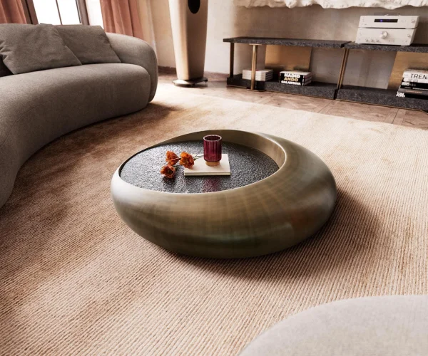 Table basse Blaise 100x100 cm or avec verre en relief taupe