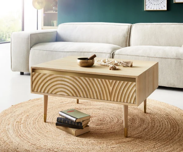 Table-basse Budaya 80x60 cm Manguier Nature 2 tiroirs Pied rond