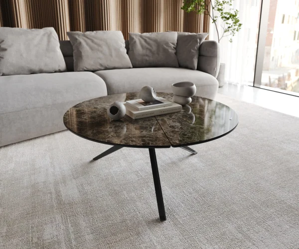 Table-basse Delron 90x90 cm Céramique Laminam®Emperador Extra Lucidato Marron foncé Pied croisé plat Métal Noir