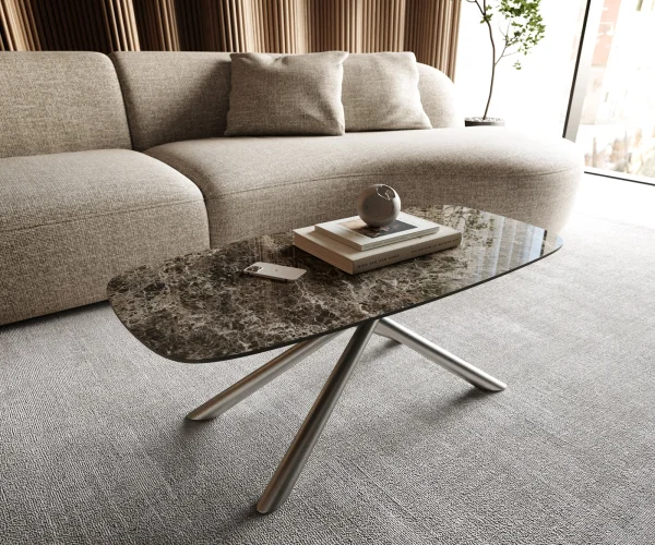 Table basse Edge Boot 100x50 cm céramique Laminam® Emperador Extra Lucidato brun foncé Sarity acier inoxydable brossé