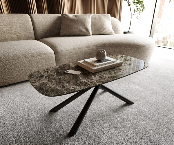 Table basse Edge Boot 100x50 cm céramique Laminam® Emperador Extra Lucidato brun foncé Sarity métal noir