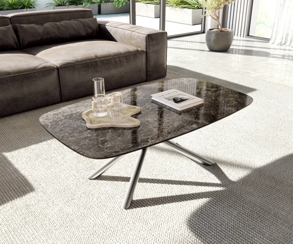 Table basse Edge Boot 120x70 cm céramique Laminam® Emperador Extra Lucidato brun foncé Sarity acier inoxydable brossé