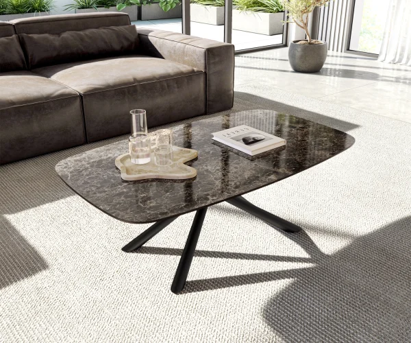 Table basse Edge Boot 120x70 cm céramique Laminam® Emperador Extra Lucidato brun foncé Sarity métal noir