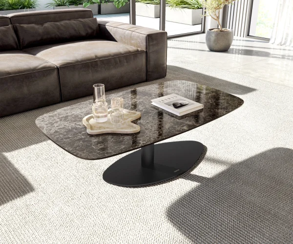 Table basse Edge Boot 120x70 cm céramique Laminam® Emperador Extra Lucidato brun foncé Vibany métal noir