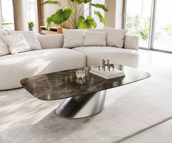 Table basse Edge Boot 140x80 cm céramique Laminam® Emperador Extra Lucidato brun foncé Conis acier inoxydable brossé