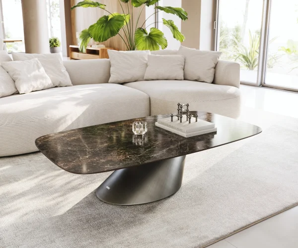 Table basse Edge Boot 140x80 cm céramique Laminam® Emperador Extra Lucidato brun foncé Conis argent métallique