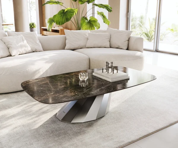 Table basse Edge Boot 140x80 cm céramique Laminam® Emperador Extra Lucidato brun foncé Parabi acier inoxydable brossé