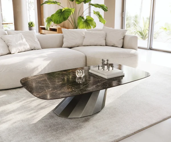Table basse Edge Boot 140x80 cm céramique Laminam® Emperador Extra Lucidato brun foncé Parabi argent métallique