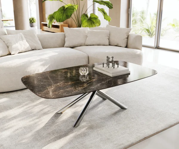 Table basse Edge Boot 140x80 cm céramique Laminam® Emperador Extra Lucidato brun foncé Sarity acier inoxydable brossé