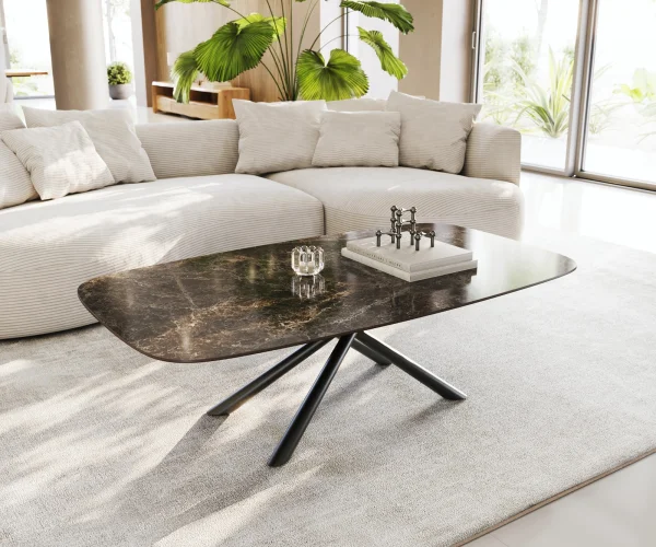 Table basse Edge Boot 140x80 cm céramique Laminam® Emperador Extra Lucidato brun foncé Sarity métal noir