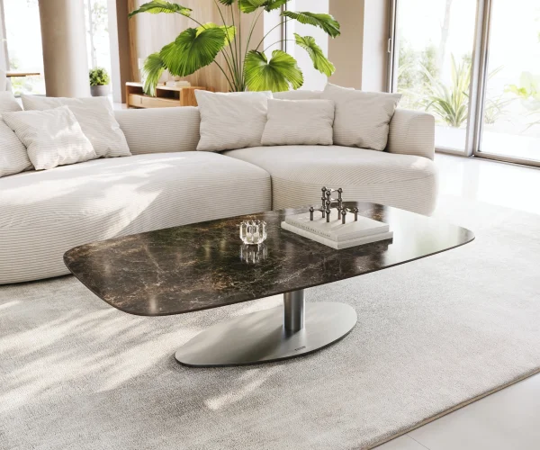 Table basse Edge Boot 140x80 cm céramique Laminam® Emperador Extra Lucidato brun foncé Vibany acier inoxydable brossé