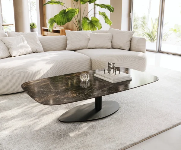 Table basse Edge Boot 140x80 cm céramique Laminam® Emperador Extra Lucidato brun foncé Vibany métal noir