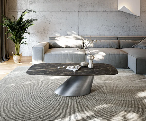 Table basse Edge Boot 140x80 cm céramique Laminam® Noir Desir brun Conis argent métallique