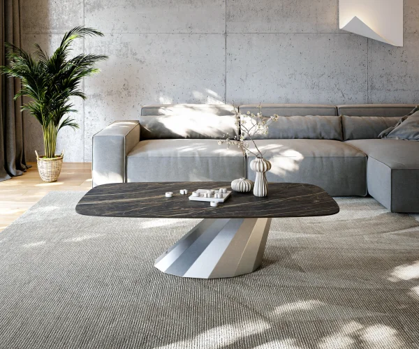 Table basse Edge Boot 140x80 cm céramique Laminam® Noir Desir brun Parabi acier inoxydable brossé