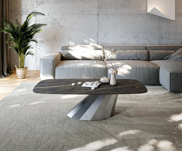 Table basse Edge Boot 140x80 cm céramique Laminam® Noir Desir brun Parabi argent métallique