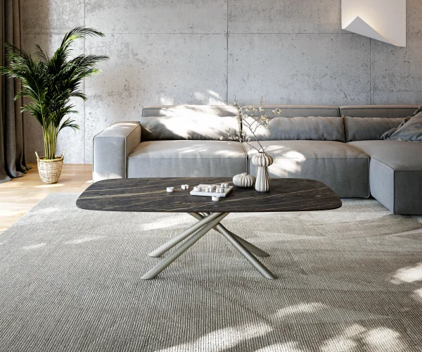 Table basse Edge Boot 140x80 cm céramique Laminam® Noir Desir brun Sarity Metall finition effet titane