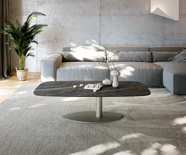 Table basse Edge Boot 140x80 cm céramique Laminam® Noir Desir brun Vibany Metall finition effet titane