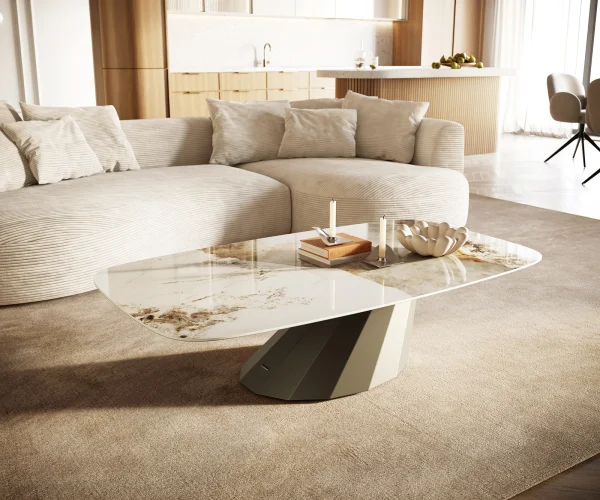 Table basse Edge Boot 140x80 cm céramique Minas Melange Parabi Metall finition effet titane