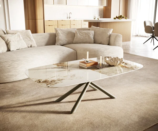 Table basse Edge Boot 140x80 cm céramique Minas Melange Sarity Metall finition effet titane