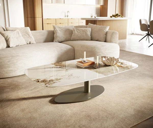 Table basse Edge Boot 140x80 cm céramique Minas Melange Vibany Metall finition effet titane