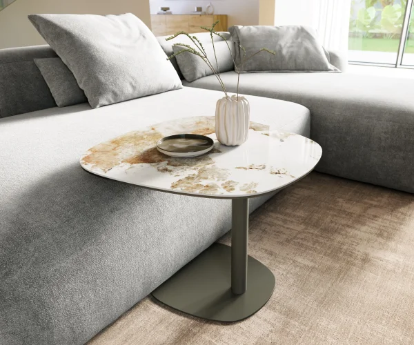 Table basse Edge Boot 60x60 cm céramique Minas Melange Eleny Metall finition effet titane