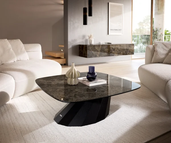Table basse Edge Boot 90x90 cm céramique Laminam® Emperador Extra Lucidato brun foncé Parabi métal noir
