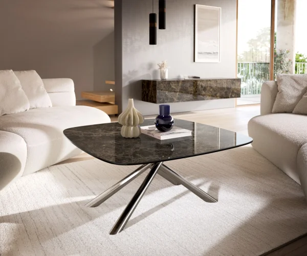 Table basse Edge Boot 90x90 cm céramique Laminam® Emperador Extra Lucidato brun foncé Sarity acier inoxydable brossé