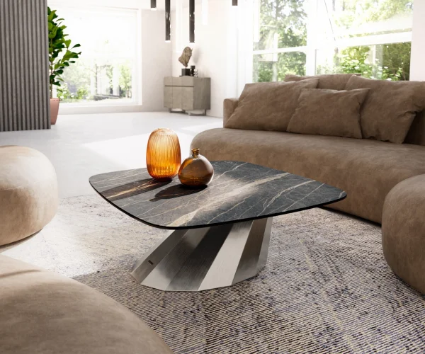Table basse Edge Boot 90x90 cm céramique Laminam® Noir Desir brun Parabi acier inoxydable brossé