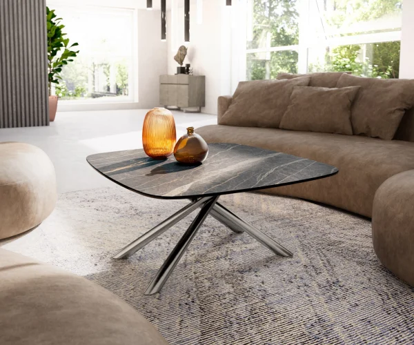 Table basse Edge Boot 90x90 cm céramique Laminam® Noir Desir brun Sarity acier inoxydable brossé