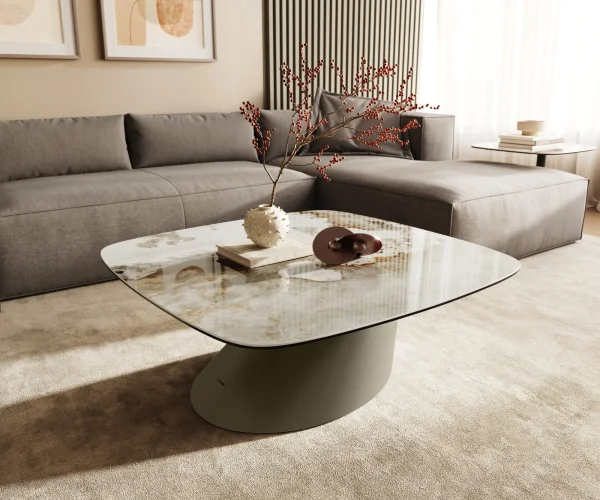 Table basse Edge Boot 90x90 cm céramique Minas Melange Conis Metall finition effet titane
