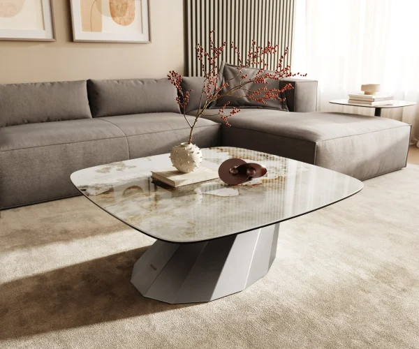 Table basse Edge Boot 90x90 cm céramique Minas Melange Parabi acier inoxydable brossé