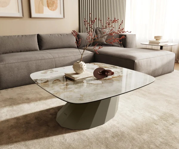 Table basse Edge Boot 90x90 cm céramique Minas Melange Parabi Metall finition effet titane