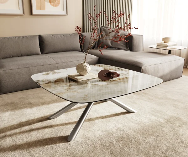 Table basse Edge Boot 90x90 cm céramique Minas Melange Sarity acier inoxydable brossé