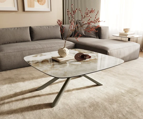 Table basse Edge Boot 90x90 cm céramique Minas Melange Sarity Metall finition effet titane